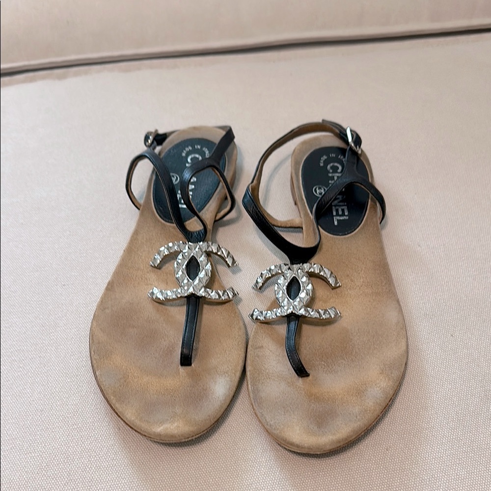 Chanel Black and Tan Sandals with Iconic CC Logo